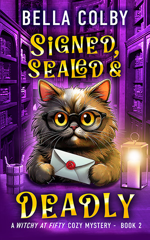 book cover for Signed Sealed and Deadly showing cute cat with envelope