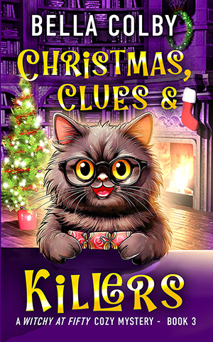 book cover showing cute cat wearing glasses holding a christmas cracker