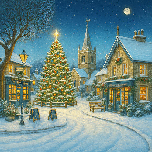 cute english village with christmas tree