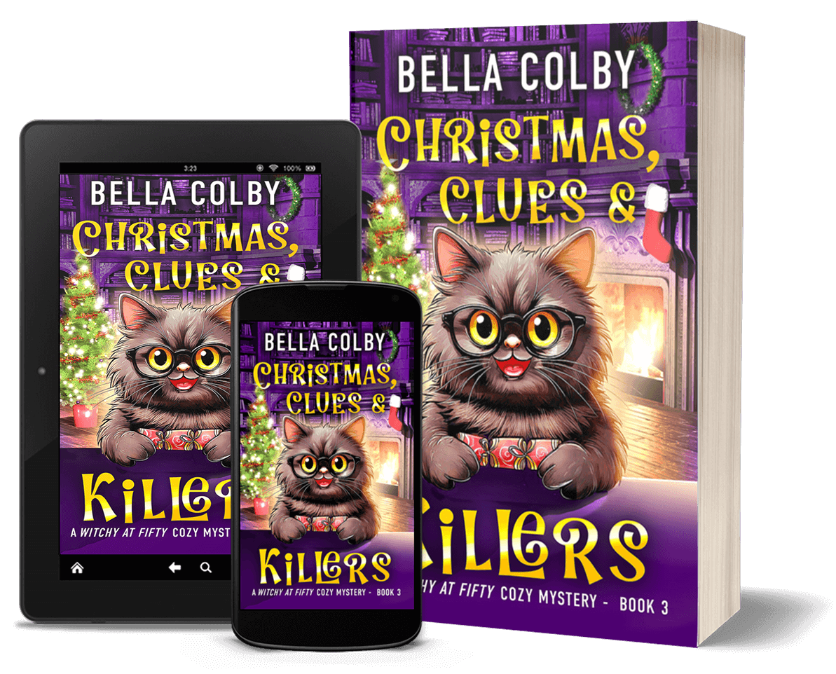 cover of Christmas, Clues and Killers in paperback, on phone and tablet
