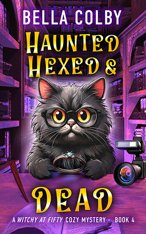 book cover for Haunted Hexed and Dead showing cute cat holding ring