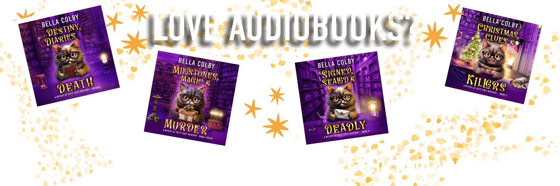 stars surrounding audiobook covers showing cute cat wearing glasses