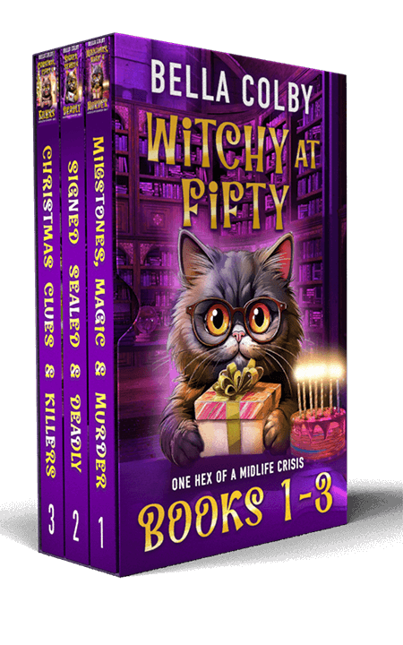 Slipcase with first three books in Witchy at Fifty series showing cute cat wearing glasses holding a books