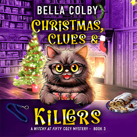 book cover showing cute cat wearing glasses holding a christmas cracker