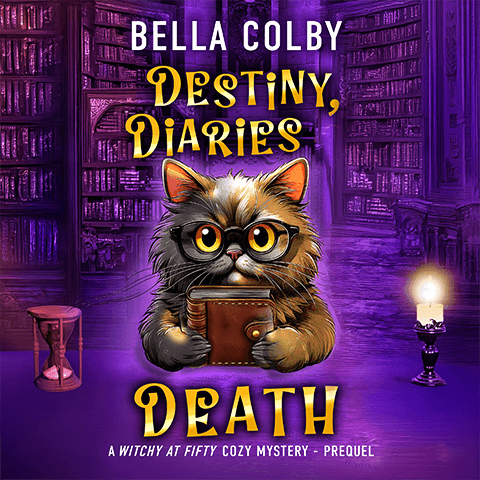 Book cover showing cute cat wearing glasses holding a diary.