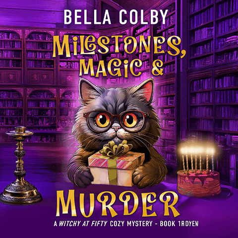 Book cover showing cute cat wearing glasses holding a present