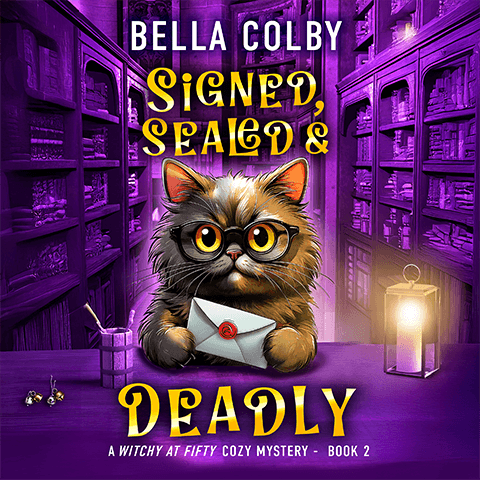 Book cover for showing cute cat wearing glasses holding a letter.
