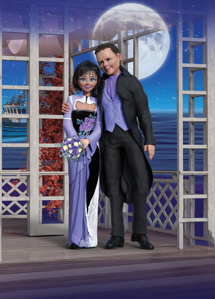 Illustrated wedding couple from the Wedding Witch cozy mystery series by Bella Colby