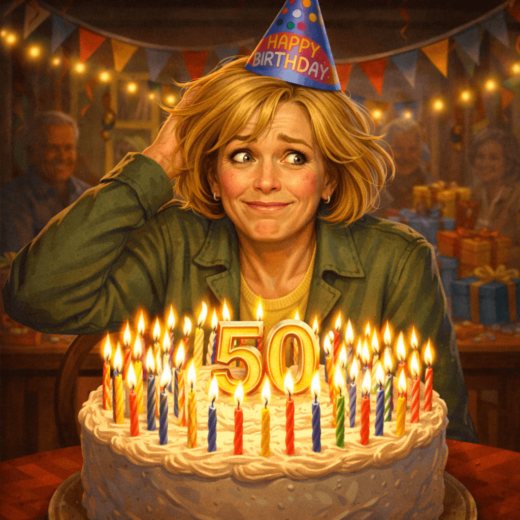 Josie from the Witchy at Fifty series with 50th birthday cake