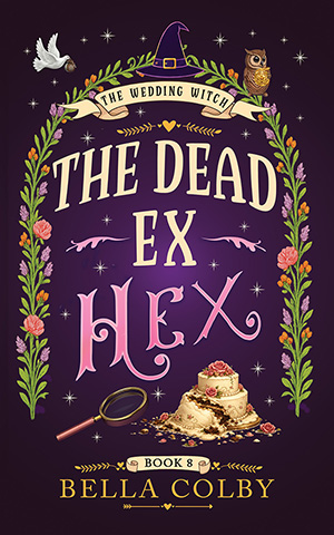 Book cover for The Dead Ex Hex showing ruined wedding cake and sleuth's looking glass
