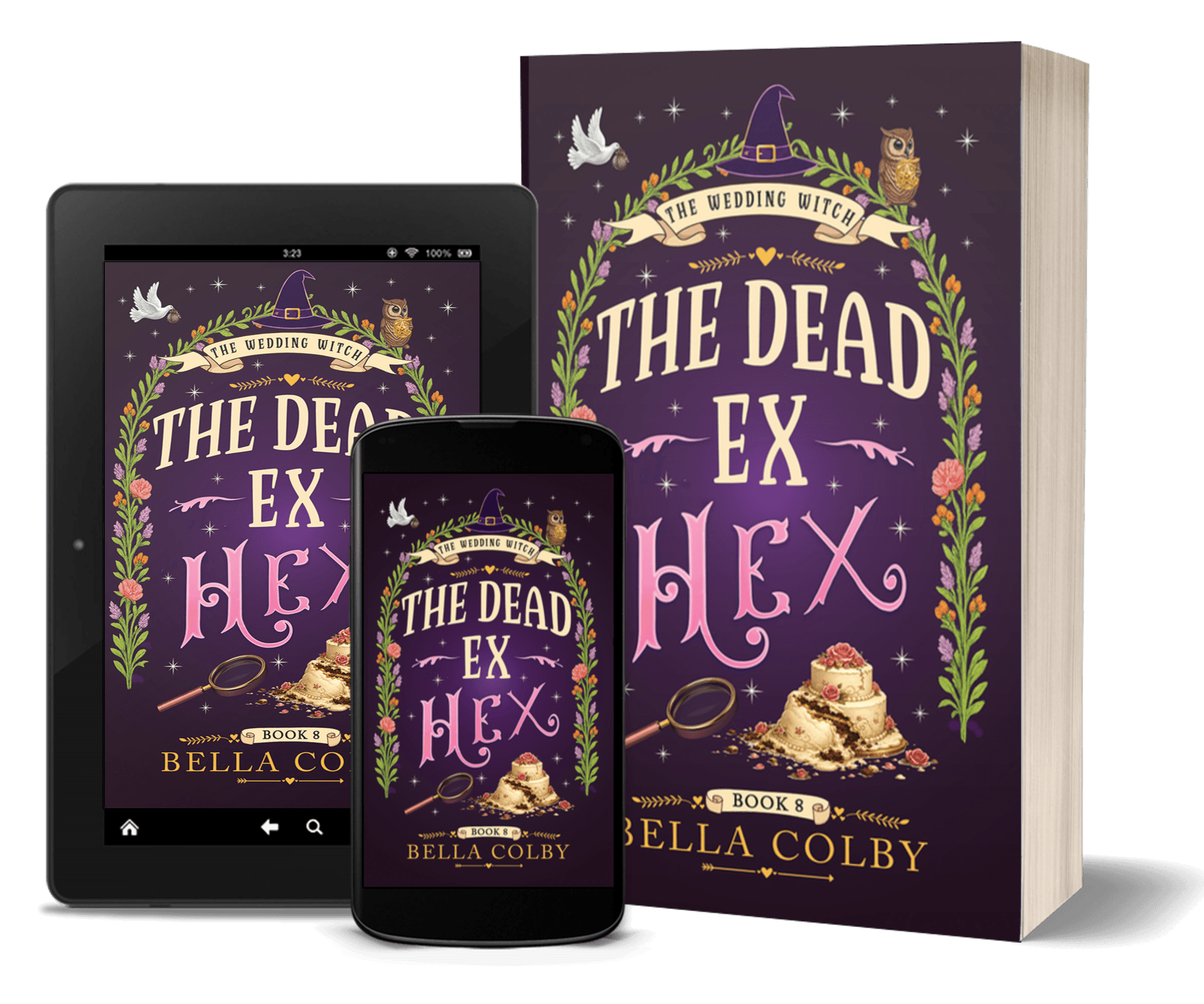 Book cover for The Dead Ex Hex showing ruined wedding cake and sleuth's looking glass