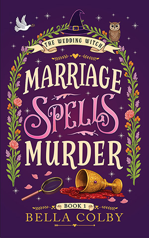 Book cover for Marriage Spells Murder showing chalice and sleuths looking glass