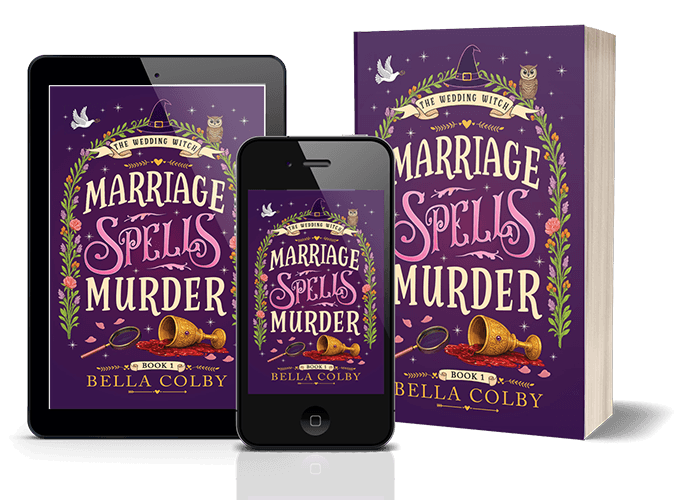 Book called Marriage Spells Murder on ipad, phone and in paperback showing chalice and sleuths looking glass