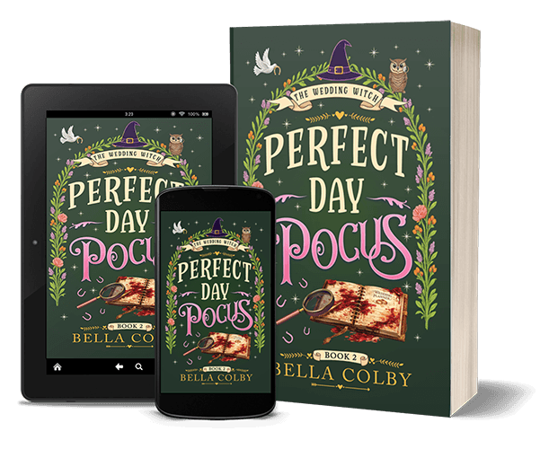 Perfect Day Pocus book cover on tablet, phone and paperback showing book with ink stains and sleuths looking glass