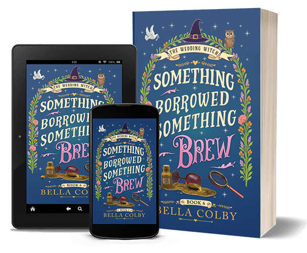 Book cover for Something Borrowed Something Brew showing poison bottle and spilled wine glass with sleuth's looking glass