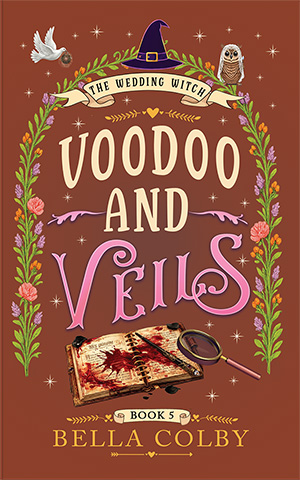 Book cover of Voodoo and Veils showing ink stained book and sleuth's looking glass