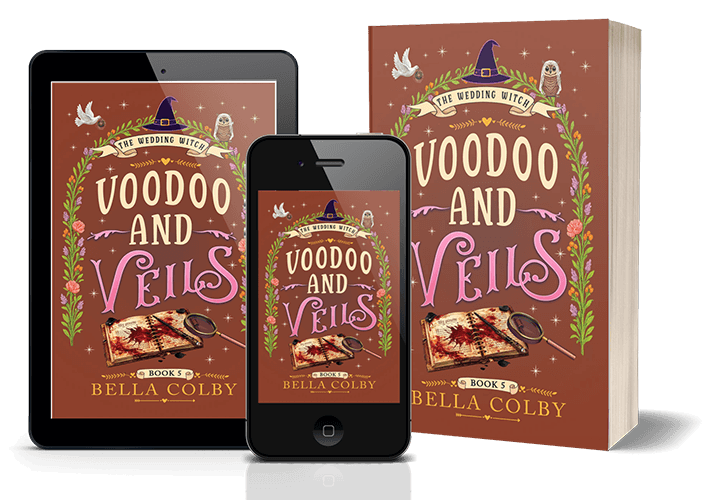 Book cover of Voodoo and Veils showing ink stained book and sleuth's looking glass