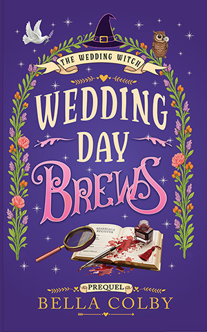 Book cover for Wedding Day Brews showing open book with spilled ink and sleuths looking glass