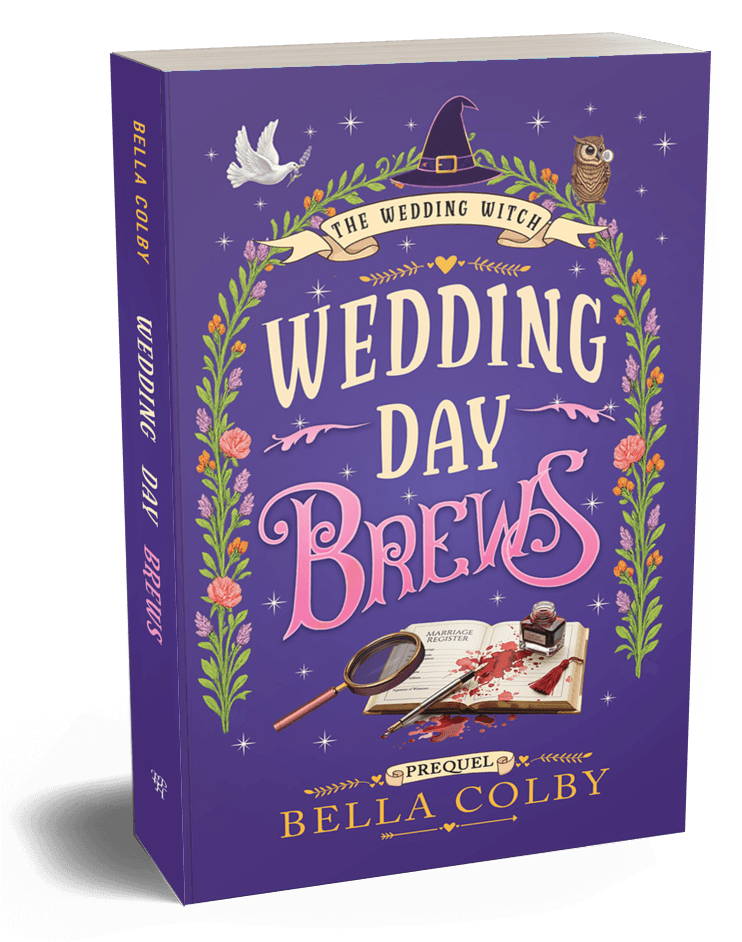 cover of Wedding Day Brews on paperback book showing open book with spilled ink and sleuths spyglass
