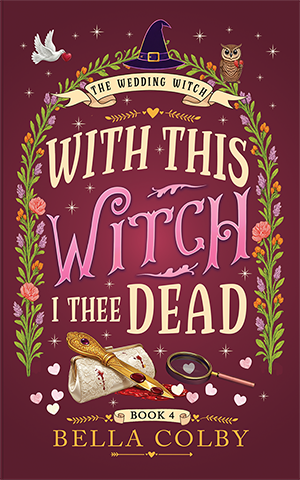 Book cover for With This Witch I Thee Dead showing clutch bag with knife and a sleuth's looking glass