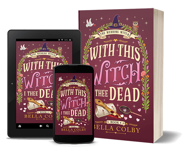 Book cover for With This Witch I Thee Dead showing clutch bag, knife and sleuth's looking glass