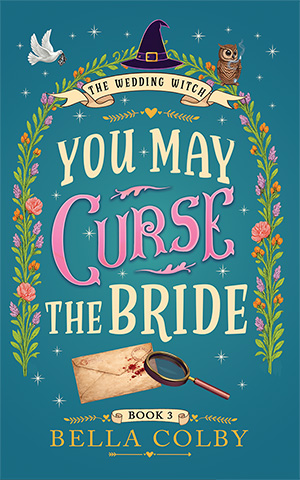 book cover for You May Curse the Bride showing envelope with red ink stain and sleuth's looking glass