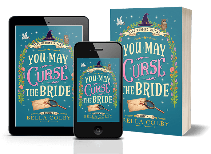 Book cover for You May Curse the Bride showing envelope with red ink stain and a sleuth's looking glass