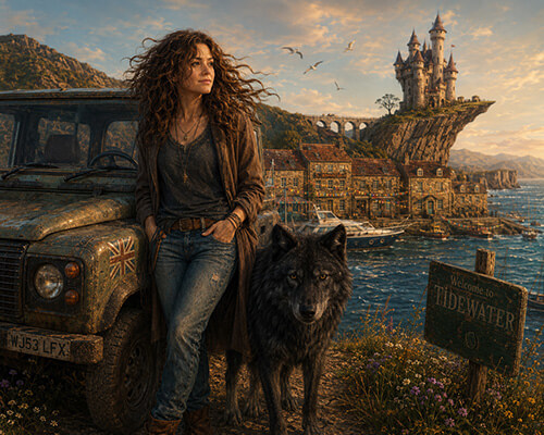 woman on clifftop with wolf at the sea and fairytale castle
