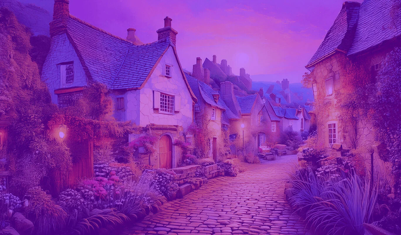 Cozy magical village at dusk with warm lights and flowers — atmospheric setting for Bella Colby’s witchy cozy mysteries